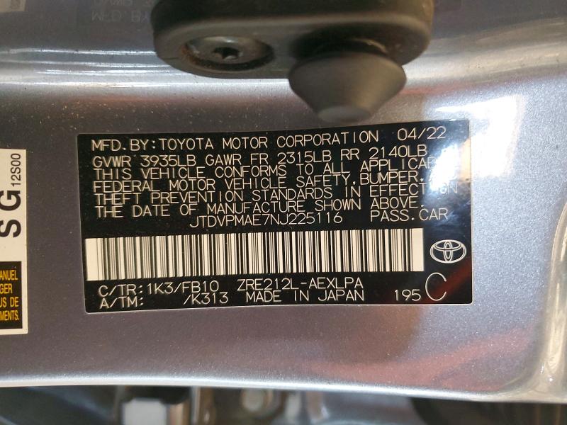 55576766 :رقم المزاد ، JTDVPMAE7NJ225116 vin ، 2022 Toyota Corolla مزاد بيع