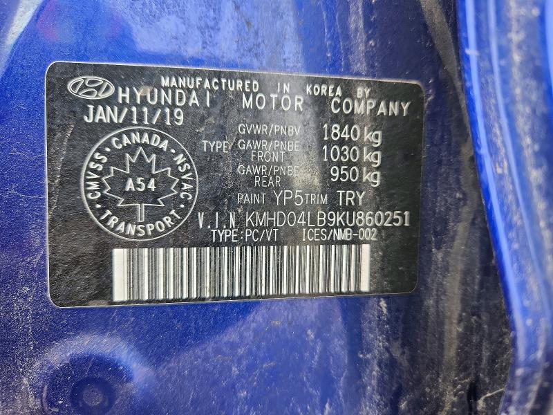 Продажа на аукционе авто 2019 Hyundai Elantra, vin: KMHD04LB9KU860251, номер лота: 52745396