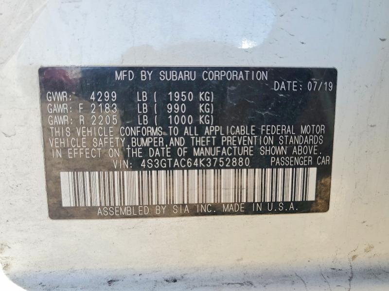 2019 Subaru Impreza მანქანა იყიდება აუქციონზე, vin: 4S3GTAC64K3752880, აუქციონის ნომერი: 53320236