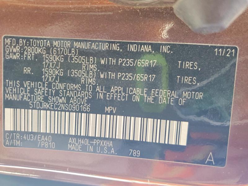 Aukcja sprzedaży 2022 Toyota Sienna, vin: 5TDJRKEC2NS090166, numer aukcji: 53933746