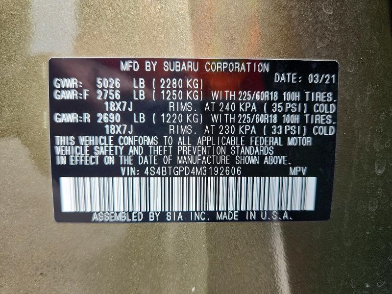 Aukcja sprzedaży 2021 Subaru Outback, vin: 4S4BTGPD4M3192606, numer aukcji: 55114216