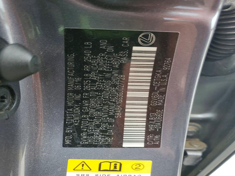 54715686 :رقم المزاد ، 58ABK1GG3GU027728 vin ، 2016 Lexus Es مزاد بيع