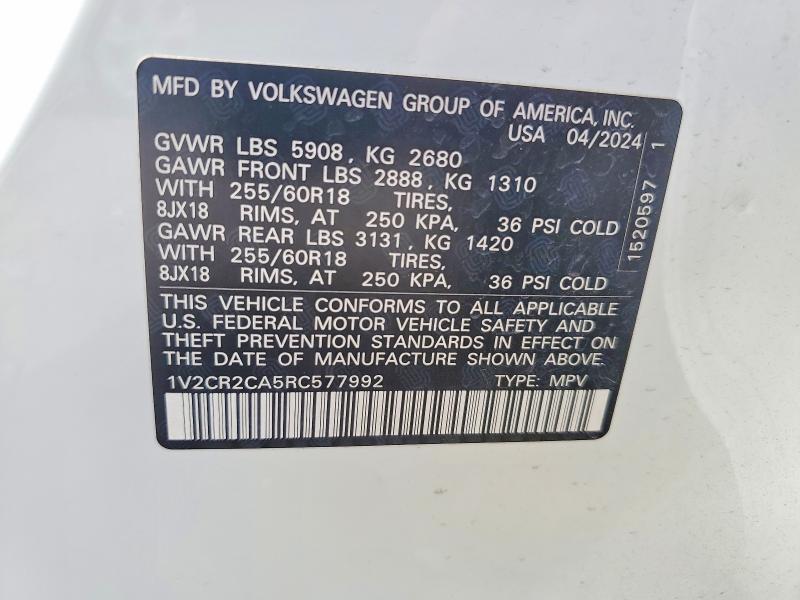 Продажа на аукционе авто 2024 Volkswagen Atlas, vin: 1V2CR2CA5RC577992, номер лота: 52380956
