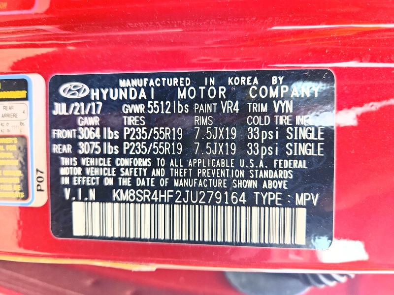 2018 Hyundai Santa Fe მანქანა იყიდება აუქციონზე, vin: KM8SR4HF2JU279164, აუქციონის ნომერი: 52564226