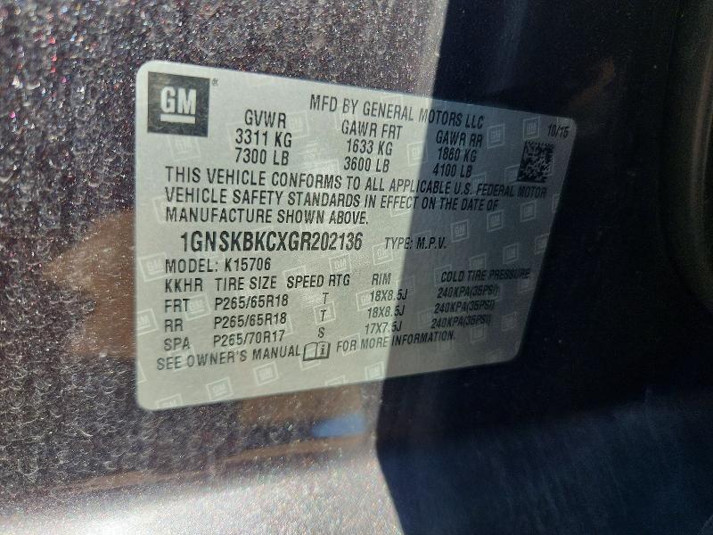 Aukcja sprzedaży 2016 Chevrolet Tahoe, vin: 1GNSKBKCXGR202136, numer aukcji: 55057826