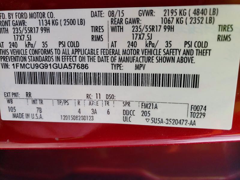2016 Ford Escape მანქანა იყიდება აუქციონზე, vin: 1FMCU9G91GUA57686, აუქციონის ნომერი: 52807076