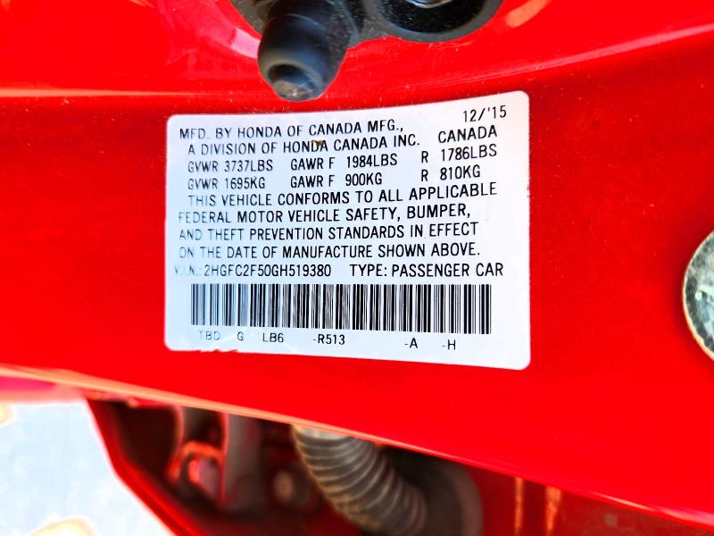 Aukcja sprzedaży 2016 Honda Civic, vin: 2HGFC2F50GH519380, numer aukcji: 52886756