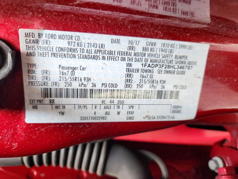 2017 Ford Focus მანქანა იყიდება აუქციონზე, vin: 1FADP3F28HL346787, აუქციონის ნომერი: 52678176