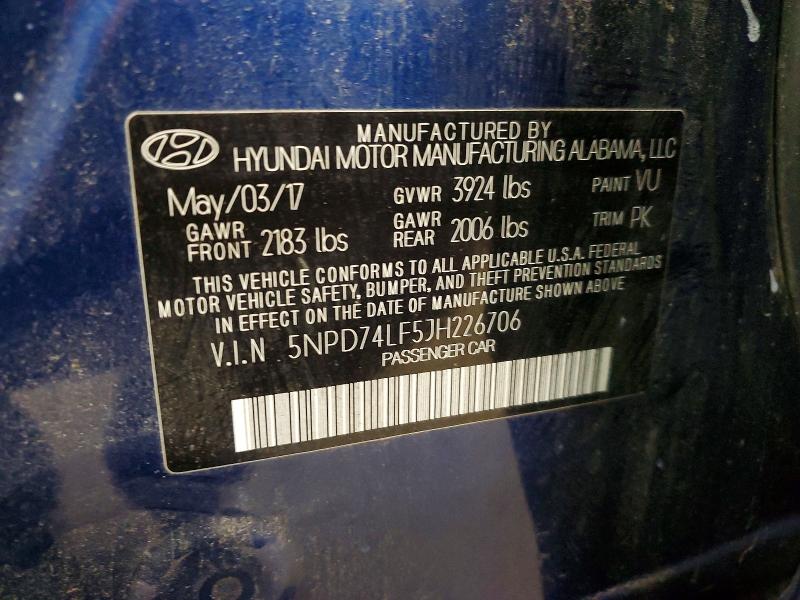 Продаж на аукціоні авто 2018 Hyundai Elantra, vin: 5NPD74LF5JH226706, номер лоту: 52710996