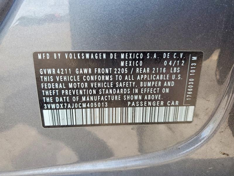 2012 Volkswagen Jetta მანქანა იყიდება აუქციონზე, vin: 3VWDX7AJ0CM405013, აუქციონის ნომერი: 52604266