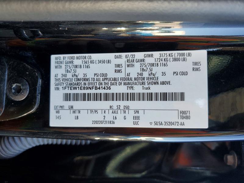 2022 Ford F150 მანქანა იყიდება აუქციონზე, vin: 1FTEW1E89NFB41436, აუქციონის ნომერი: 54318406