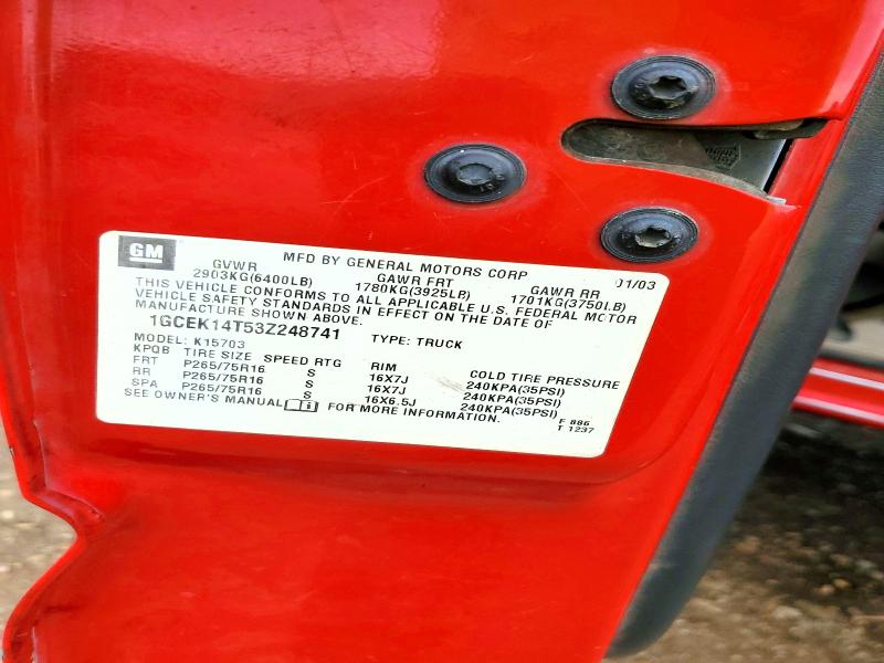 2003 Chevrolet Silverado მანქანა იყიდება აუქციონზე, vin: 1GCEK14T53Z248741, აუქციონის ნომერი: 52913966