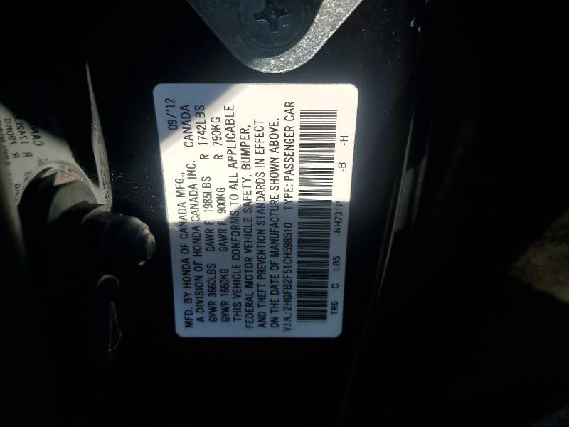 54213266 :رقم المزاد ، 2HGFB2F51CH598510 vin ، 2012 Honda Civic مزاد بيع