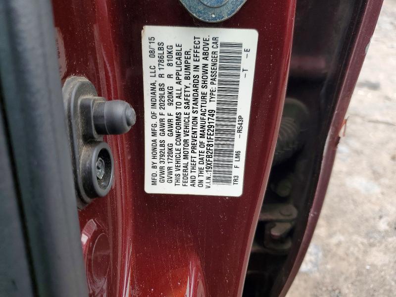 Продаж на аукціоні авто 2015 Honda Civic, vin: 19XFB2F81FE291749, номер лоту: 54868076