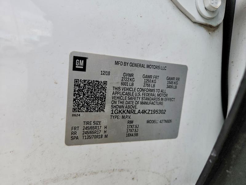 53247946 :رقم المزاد ، 1GKKNRLA4KZ195302 vin ، 2019 Gmc Acadia مزاد بيع