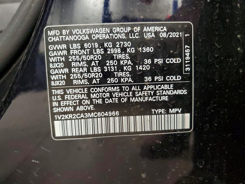54304756 :رقم المزاد ، 1V2KR2CA3MC604966 vin ، 2021 Volkswagen Atlas مزاد بيع