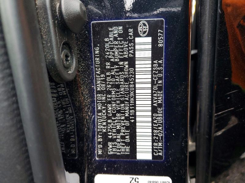 2019 Toyota Camry მანქანა იყიდება აუქციონზე, vin: 4T1B11HK9KU845230, აუქციონის ნომერი: 54961356
