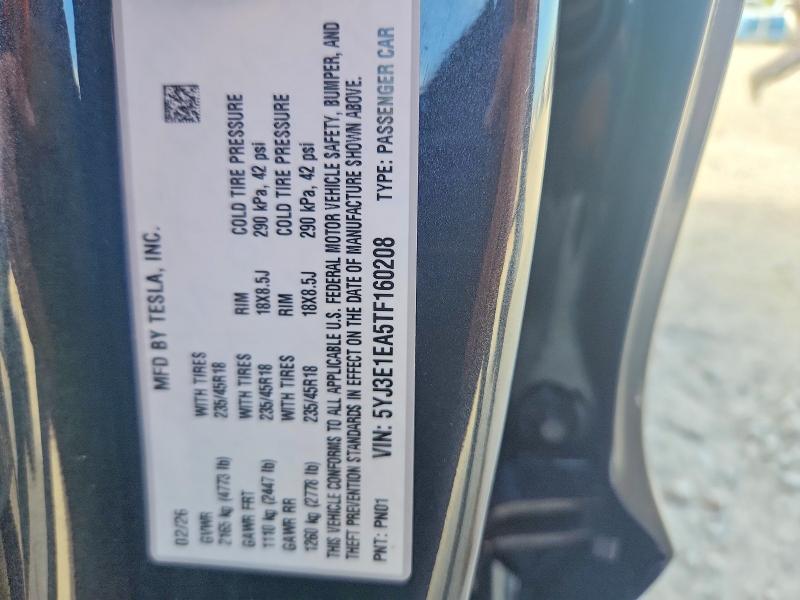 2026 Tesla Model 3 მანქანა იყიდება აუქციონზე, vin: 5YJ3E1EA5TF160208, აუქციონის ნომერი: 52136546
