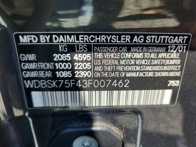 2003 Mercedes-benz Sl-class მანქანა იყიდება აუქციონზე, vin: WDBSK75F43F007462, აუქციონის ნომერი: 54819636
