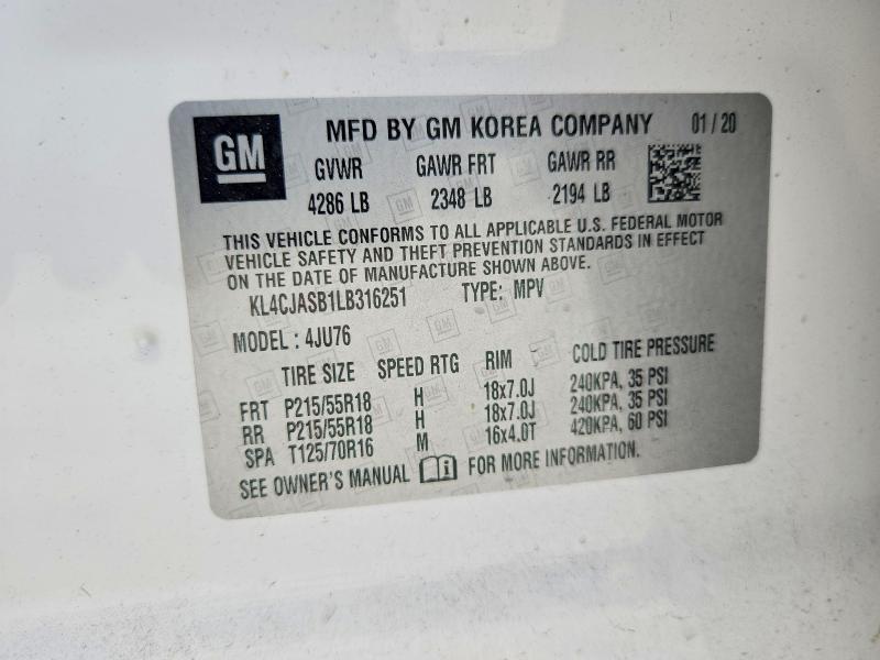 Aukcja sprzedaży 2020 Buick Encore, vin: KL4CJASB1LB316251, numer aukcji: 52895556