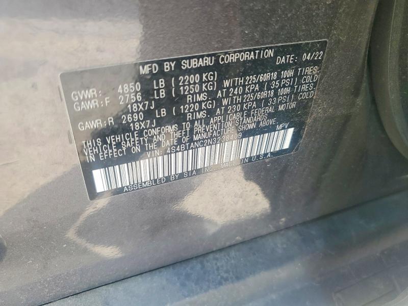 54961596 :رقم المزاد ، 4S4BTANC2N3238409 vin ، 2022 Subaru Outback مزاد بيع