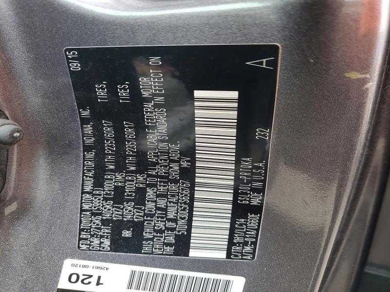 52566926 :رقم المزاد ، 5TDYK3DC5FS656767 vin ، 2015 Toyota Sienna مزاد بيع