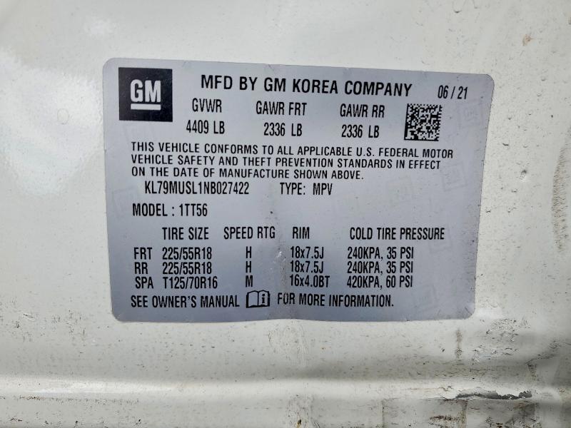 2022 Chevrolet Trailblazer მანქანა იყიდება აუქციონზე, vin: KL79MUSL1NB027422, აუქციონის ნომერი: 55206386