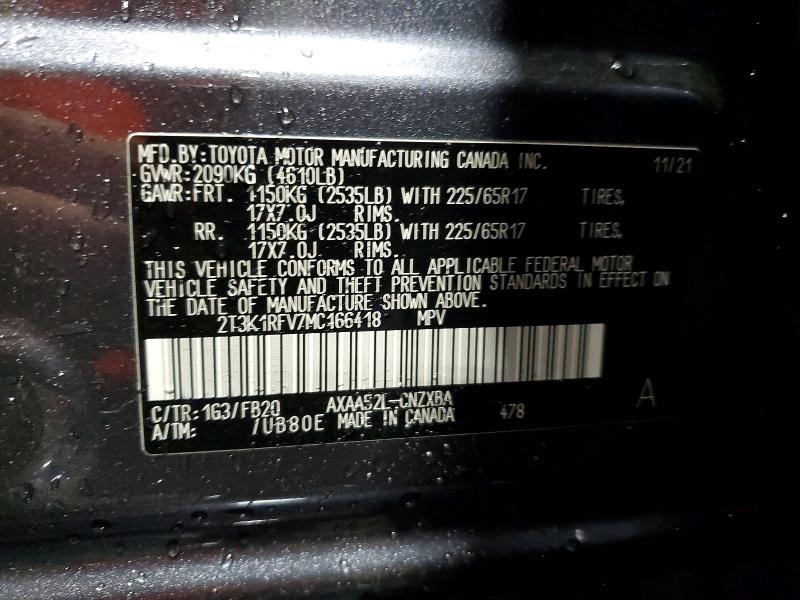 Aukcja sprzedaży 2021 Toyota Rav4, vin: 2T3K1RFV7MC166418, numer aukcji: 55141826