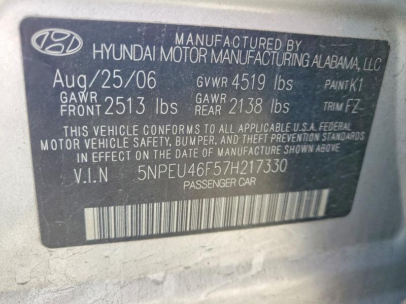Aukcja sprzedaży 2007 Hyundai Sonata, vin: 5NPEU46F57H217330, numer aukcji: 53281866