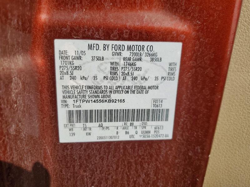 53428046 :رقم المزاد ، 1FTPW14556KB92165 vin ، 2006 Ford F150 مزاد بيع