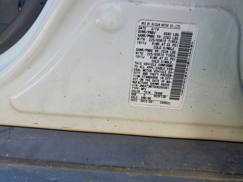 2019 Nissan Rogue მანქანა იყიდება აუქციონზე, vin: JN8AT2MT5KW265061, აუქციონის ნომერი: 53918316