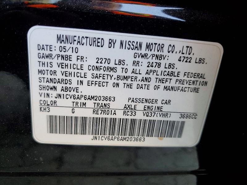54088776 :رقم المزاد ، JN1CV6AP6AM203663 vin ، 2010 Infiniti G37 Sedan مزاد بيع