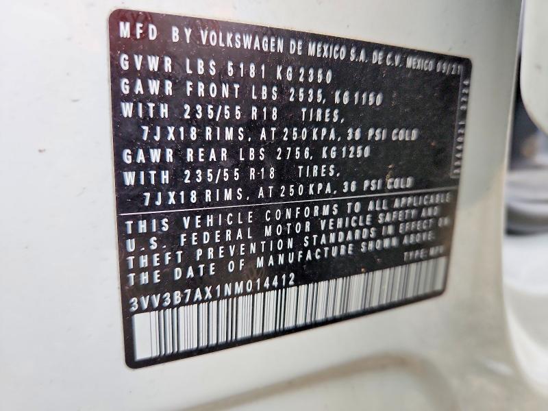 Aukcja sprzedaży 2022 Volkswagen Tiguan, vin: 3VV3B7AX1NM014412, numer aukcji: 55271576