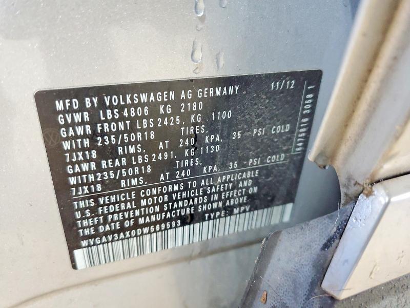 Продажа на аукционе авто 2013 Volkswagen Tiguan, vin: WVGAV3AX0DW569593, номер лота: 53117446