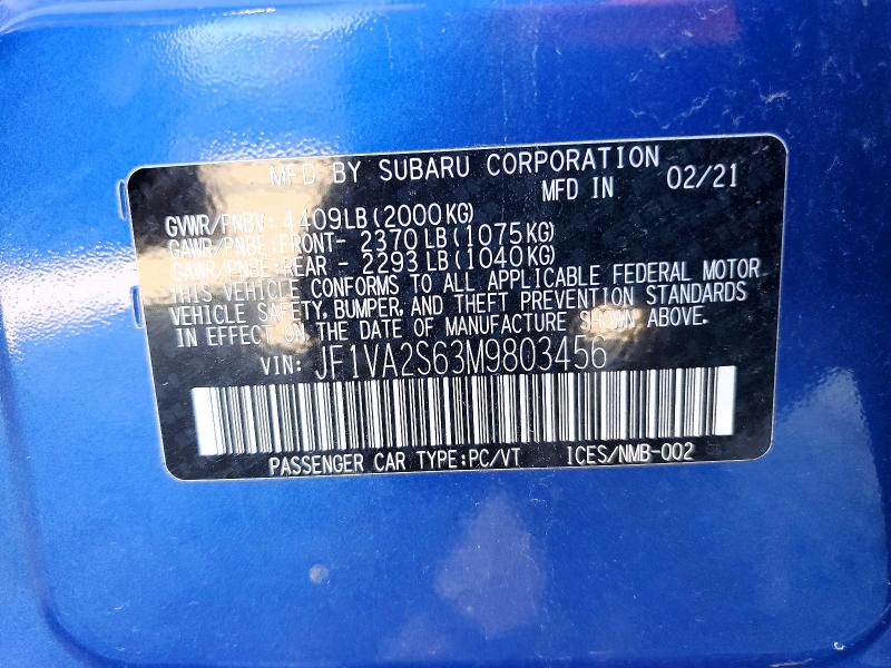 53803566 :رقم المزاد ، JF1VA2S63M9803456 vin ، 2021 Subaru Wrx مزاد بيع