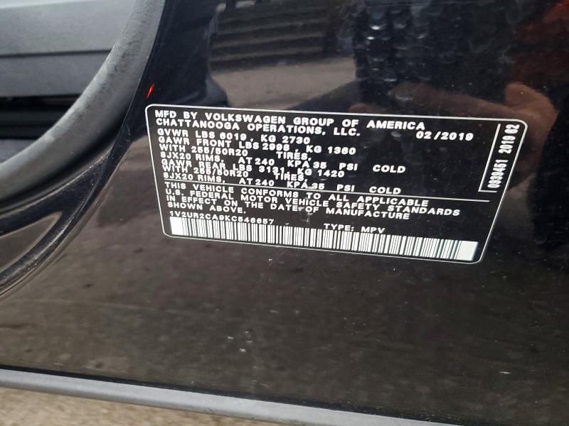 53333516 :رقم المزاد ، 1V2UR2CA9KC546657 vin ، 2019 Volkswagen Atlas مزاد بيع