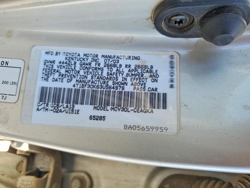 2003 Toyota Camry მანქანა იყიდება აუქციონზე, vin: 4T1BF30K63U564979, აუქციონის ნომერი: 53124266