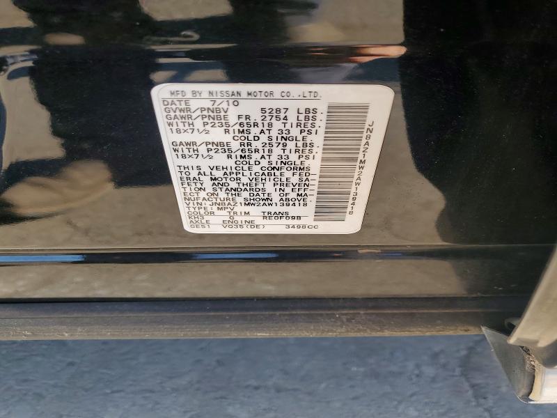 Auction sale of the 2010 Nissan Murano, vin: JN8AZ1MW2AW139418, lot number: 55282916