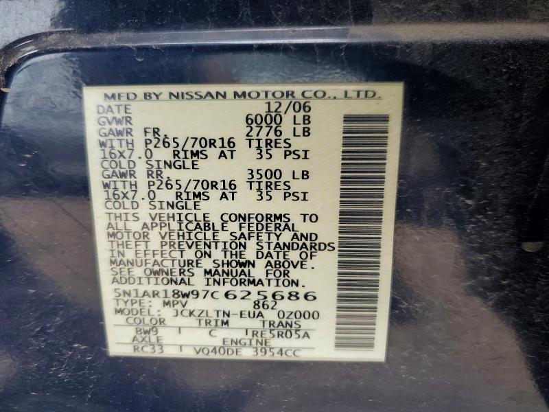 2007 Nissan Pathfinder მანქანა იყიდება აუქციონზე, vin: 5N1AR18W97C625686, აუქციონის ნომერი: 53997116