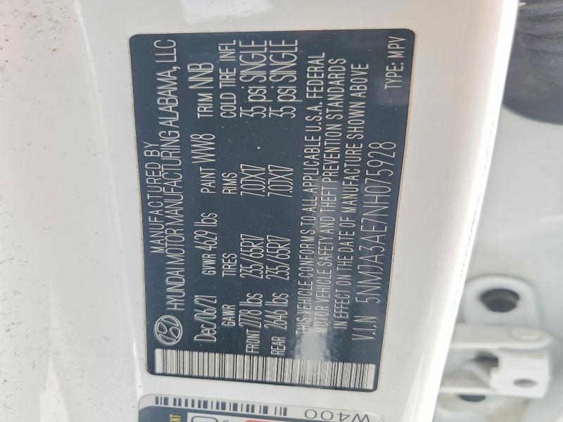 2022 Hyundai Tucson მანქანა იყიდება აუქციონზე, vin: 5NMJA3AE7NH075928, აუქციონის ნომერი: 52069136