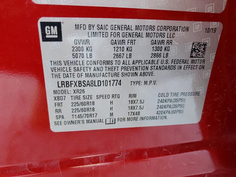2020 Buick Envision მანქანა იყიდება აუქციონზე, vin: LRBFXBSA8LD101774, აუქციონის ნომერი: 55188176