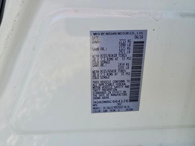 2016 Nissan Pathfinder მანქანა იყიდება აუქციონზე, vin: 5N1AR2MN8GC664126, აუქციონის ნომერი: 53721246