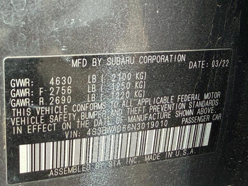 2022 Subaru Legacy მანქანა იყიდება აუქციონზე, vin: 4S3BWAD66N3019010, აუქციონის ნომერი: 54908136