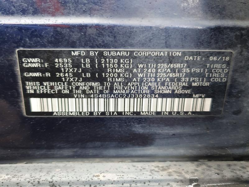 2018 Subaru Outback მანქანა იყიდება აუქციონზე, vin: 4S4BSACC2J3382834, აუქციონის ნომერი: 52080726