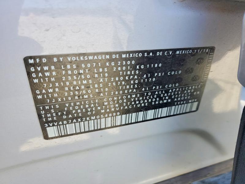 2019 Volkswagen Tiguan მანქანა იყიდება აუქციონზე, vin: 3VV4B7AX2KM054899, აუქციონის ნომერი: 54132866