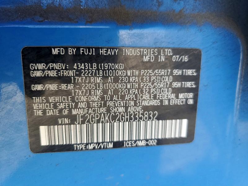 2016 Subaru Crosstrek მანქანა იყიდება აუქციონზე, vin: JF2GPAKC2GH335832, აუქციონის ნომერი: 53079516