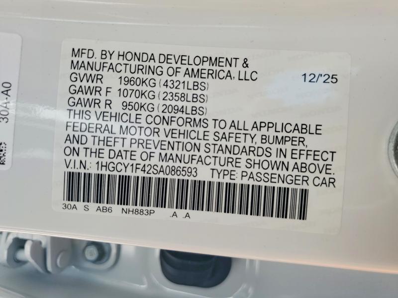2025 Honda Accord მანქანა იყიდება აუქციონზე, vin: 1HGCY1F42SA086593, აუქციონის ნომერი: 52704506