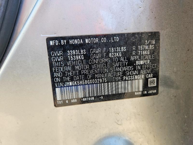 2016 Honda Fit მანქანა იყიდება აუქციონზე, vin: JHMGK5H58GX032975, აუქციონის ნომერი: 53789676