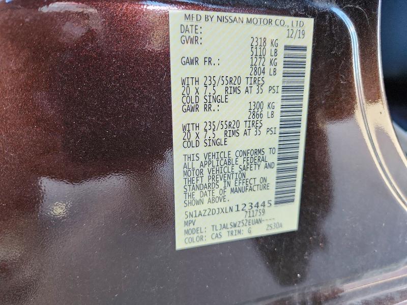 Aukcja sprzedaży 2020 Nissan Murano, vin: 5N1AZ2DJXLN123445, numer aukcji: 53252556