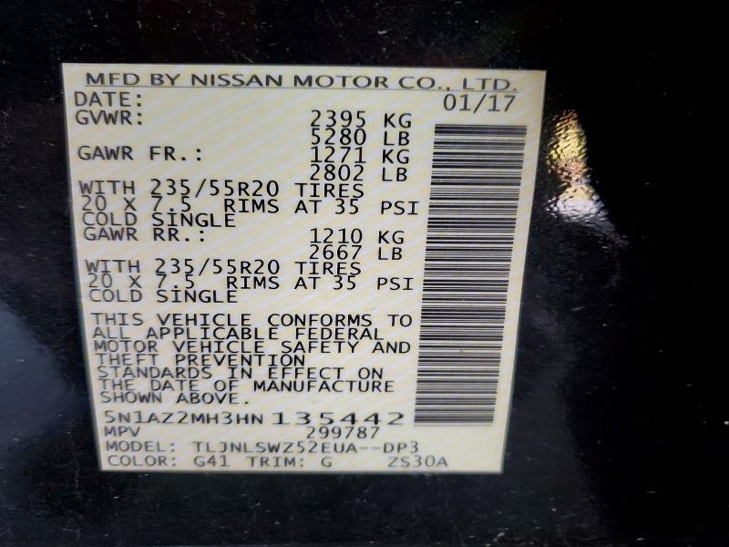 Aukcja sprzedaży 2017 Nissan Murano, vin: 5N1AZ2MH3HN135442, numer aukcji: 53136886